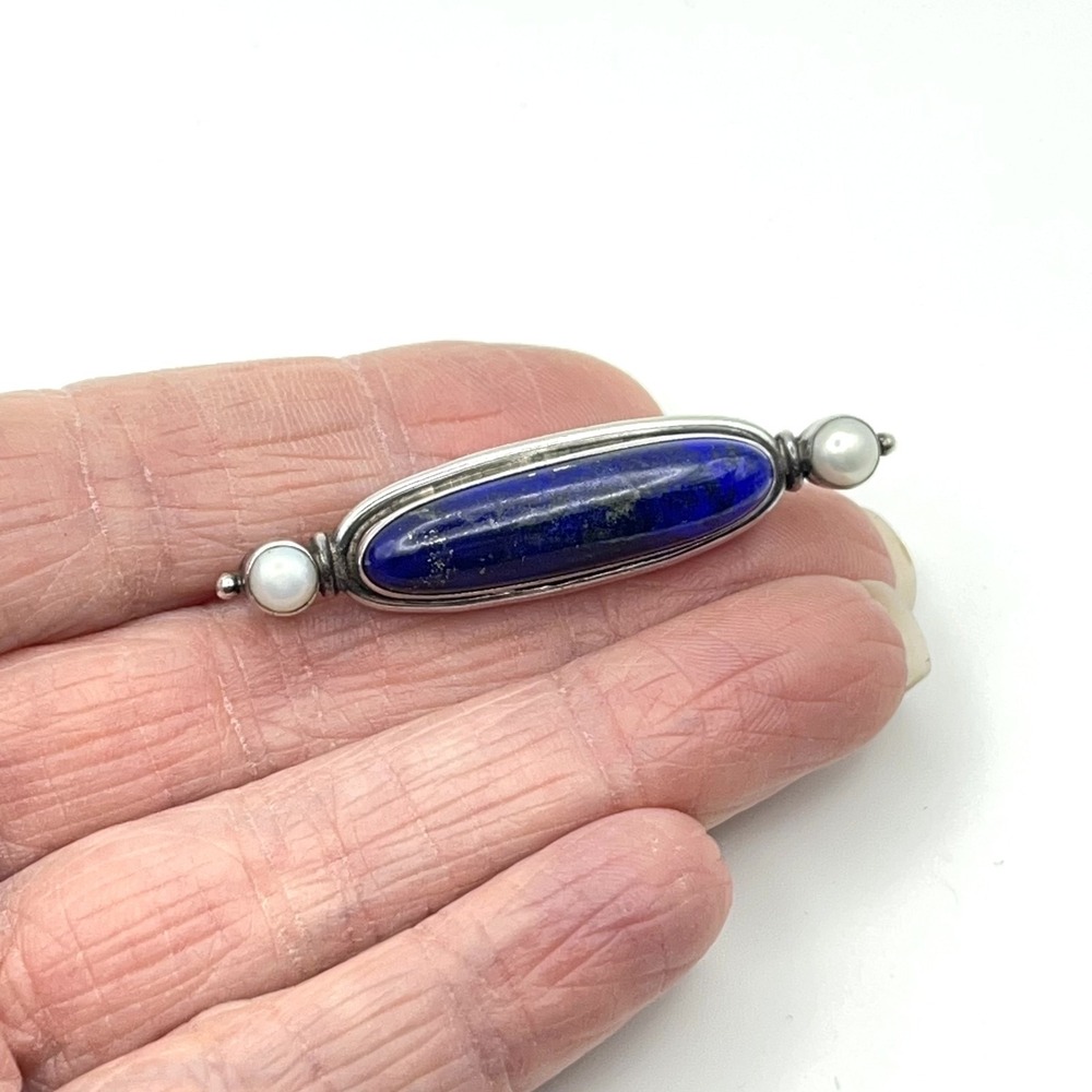 Vintage Lapis Lazuli Sterling Silver Bar Brooch 925